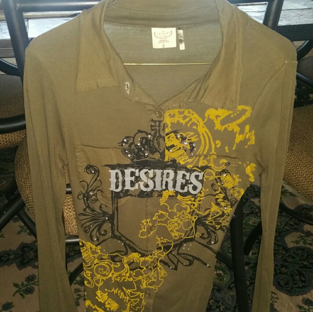 Long sleeve olive embellished button down shirt